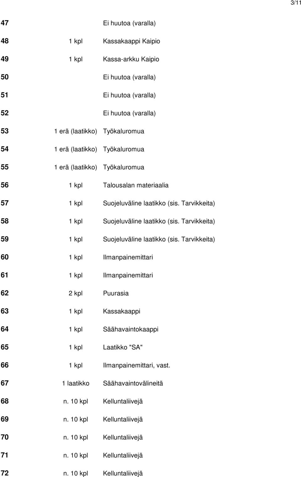 Tarvikkeita) 59 1 kpl Suojeluväline laatikko (sis.