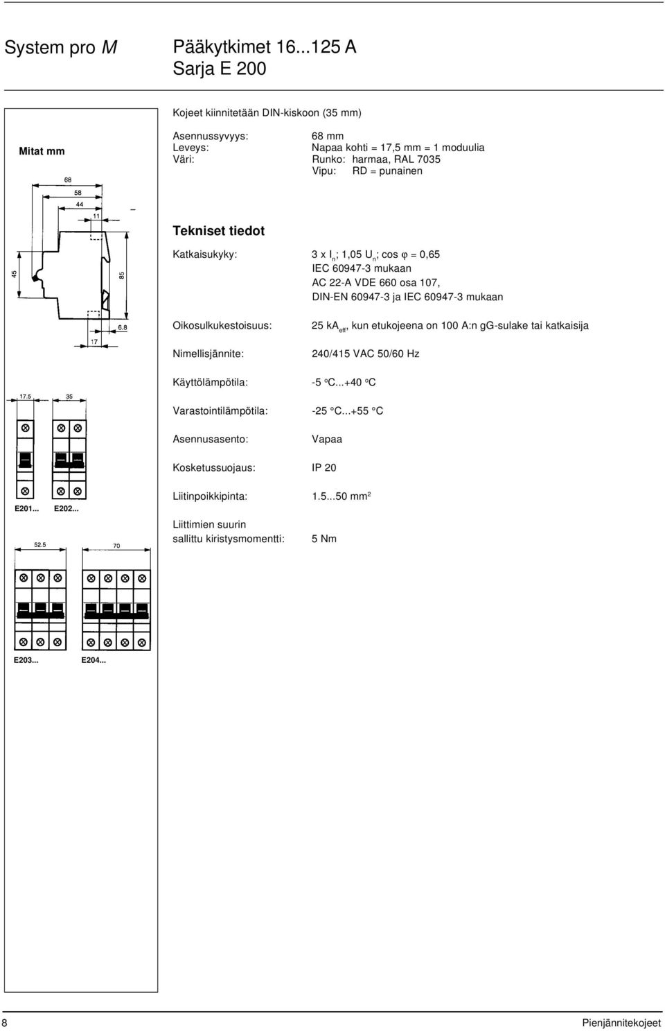 punainen Tekniset tiedot Katkaisukyky: 3 x I n ; 1,05 U n ; cos ϕ = 0,65 IEC 60947-3 mukaan AC 22-A VDE 660 osa 107, DIN-EN 60947-3 ja IEC 60947-3 mukaan Oikosulkukestoisuus: