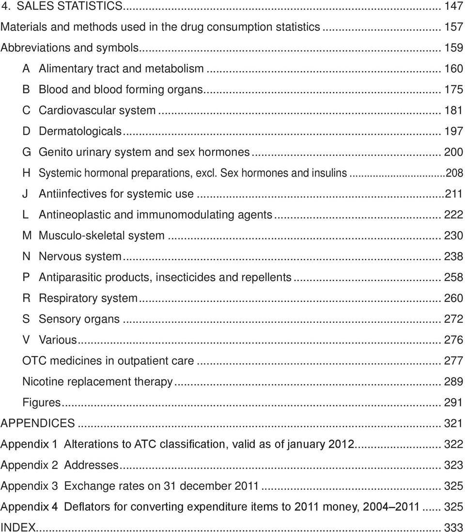 Sex hormones and insulins...208 J Antiinfectives for systemic use...211 L Antineoplastic and immunomodulating agents... 222 M Musculo-skeletal system... 230 N Nervous system.