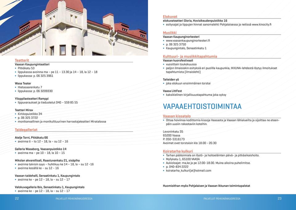 06 325 3722 monikansallinen ja monikulttuurinen harrastajateatteri Miratalossa Taidegalleriat Atelje Torni, Pitkäkatu 66 avoinna ti to 12 18, la su 12 16 Galleria Wasaborg, Vaasanpuistikko 14 avoinna