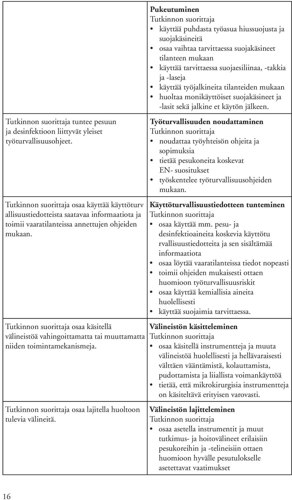 Pukeutuminen käyttää puhdasta työasua hiussuojusta ja suojakäsineitä osaa vaihtaa tarvittaessa suojakäsineet tilanteen mukaan käyttää tarvittaessa suojaesiliinaa, -takkia ja -laseja käyttää