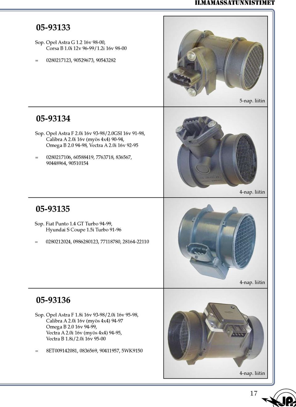 liitin 05-93135 Sop. Fiat Punto 1.4 GT Turbo 94-99, Hyundai S Coupe 1.5i Turbo 91-96 = 0280212024, 0986280123, 77118780, 28164-22110 4-nap. liitin 05-93136 Sop. Opel Astra F 1.