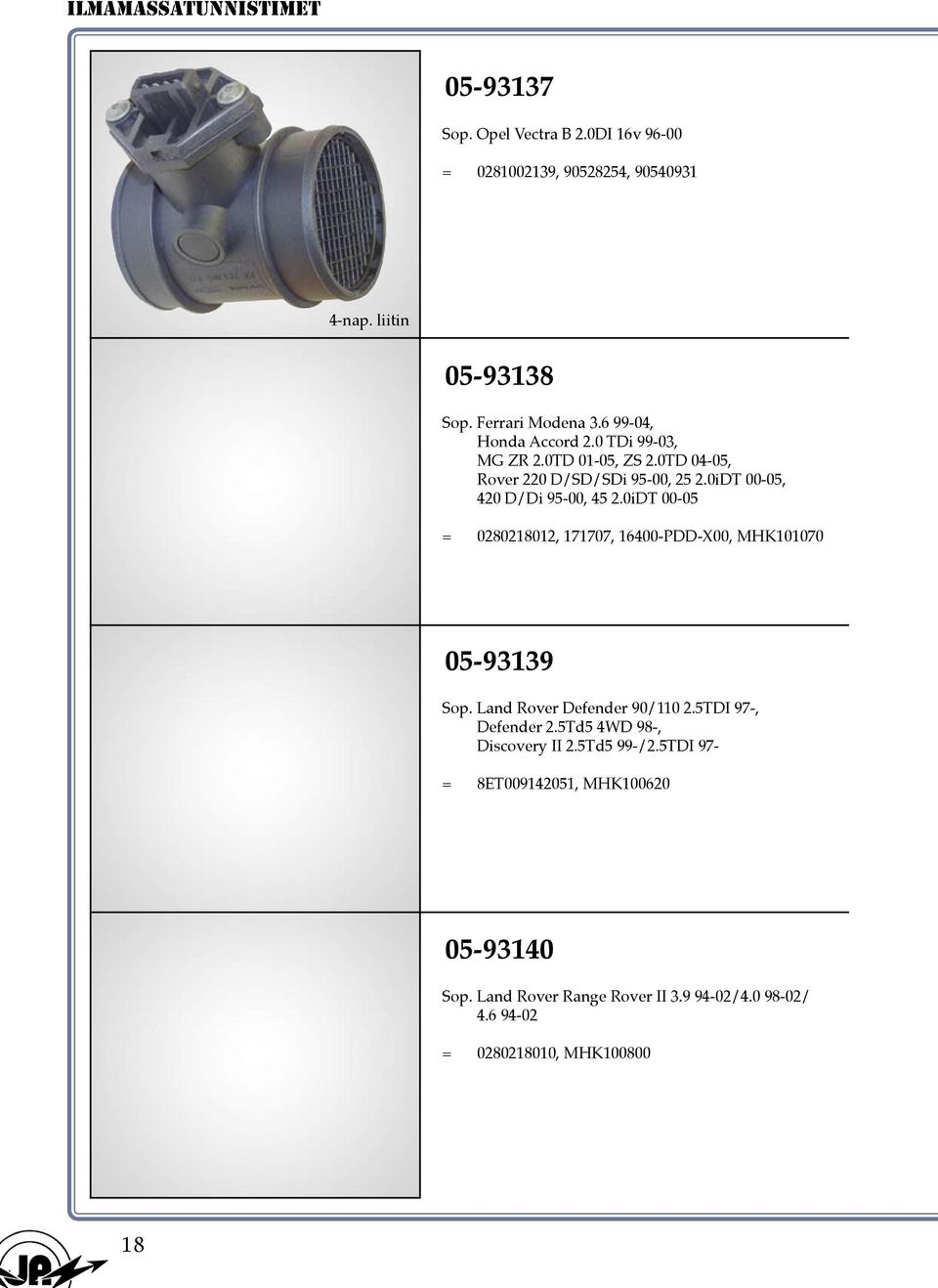 0iDT 00-05 = 0280218012, 171707, 16400-PDD-X00, MHK101070 05-93139 Sop. Land Rover Defender 90/110 2.5TDI 97-, Defender 2.