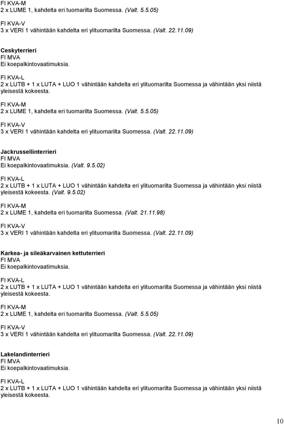 02) -L 2 x LUTB + 1 x LUTA + LUO 1 vähintään kahdelta eri ylituomarilta Suomessa ja vähintään yksi niistä yleisestä kokeesta. (Valt. 9.5.02) -M 2 x LUME 1, kahdelta eri tuomarilta Suomessa. (Valt. 21.