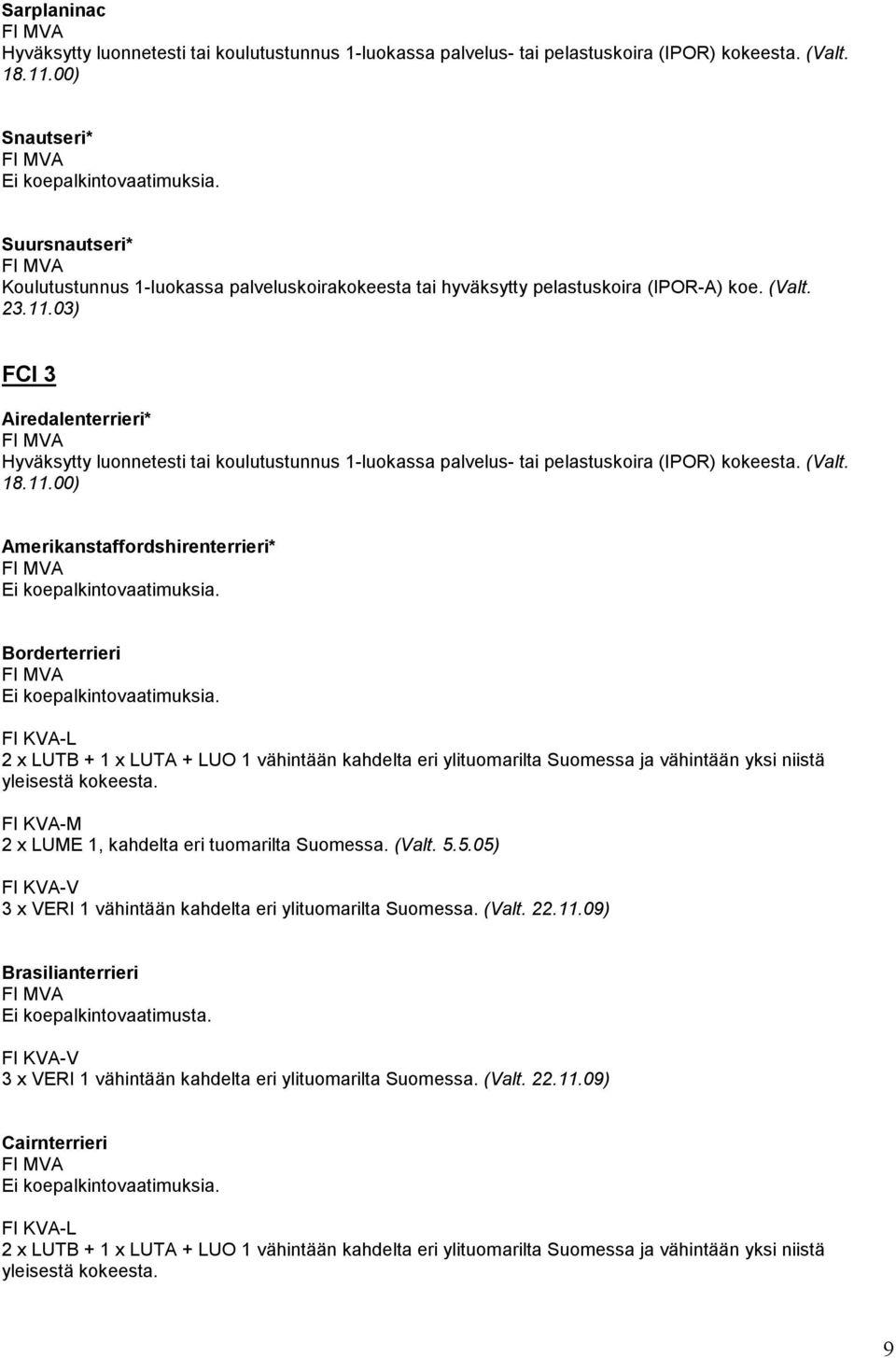 03) FCI 3 Airedalenterrieri* Hyväksytty luonnetesti tai koulutustunnus 1-luokassa palvelus- tai pelastuskoira (IPOR) kokeesta. (Valt. 18.11.