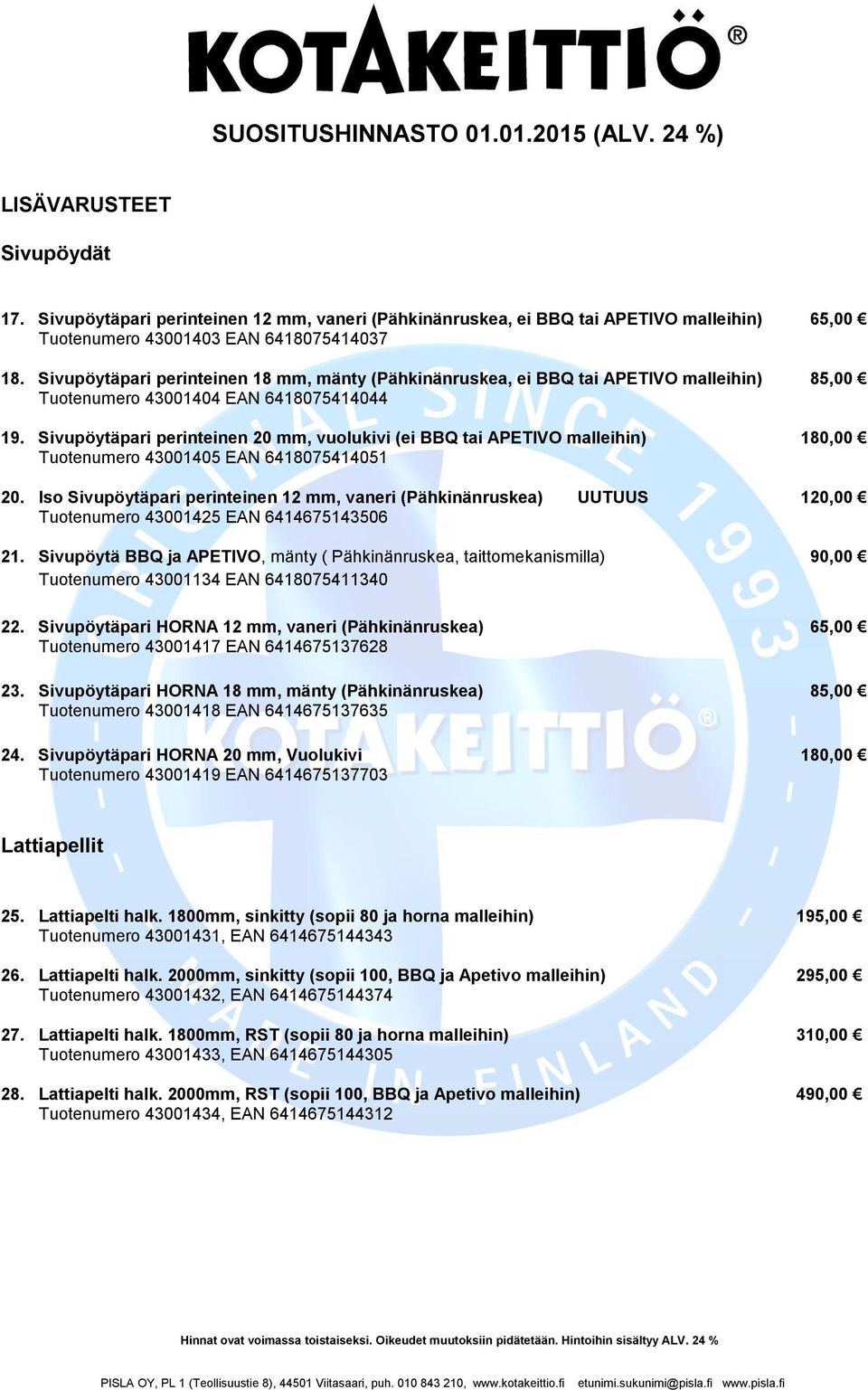 Sivupöytäpari perinteinen 20 mm, vuolukivi (ei BBQ tai APETIVO malleihin) 180,00 Tuotenumero 43001405 EAN 6418075414051 20.