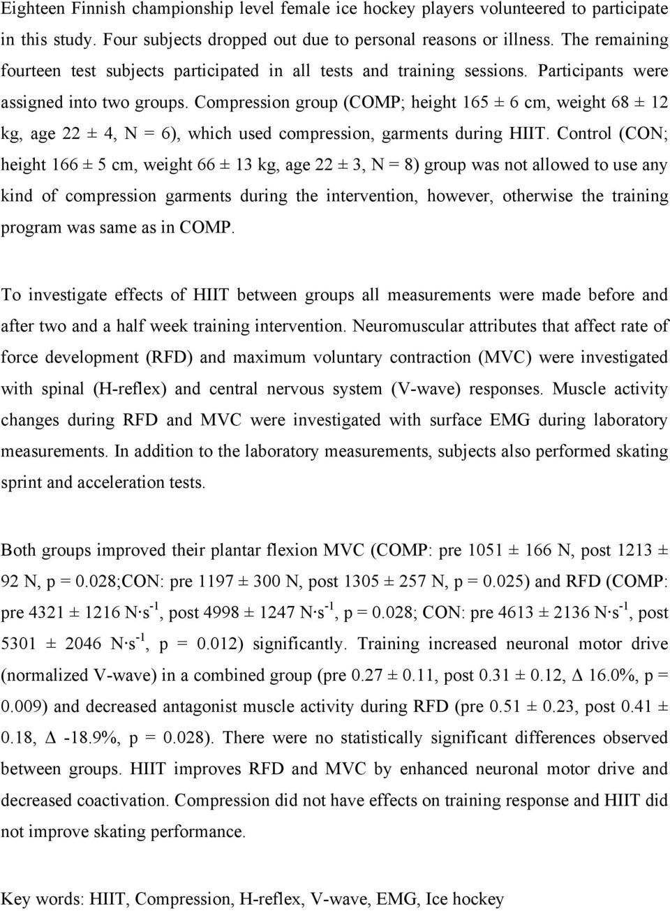 Compression group (COMP; height 165 ± 6 cm, weight 68 ± 12 kg, age 22 ± 4, N = 6), which used compression, garments during HIIT.