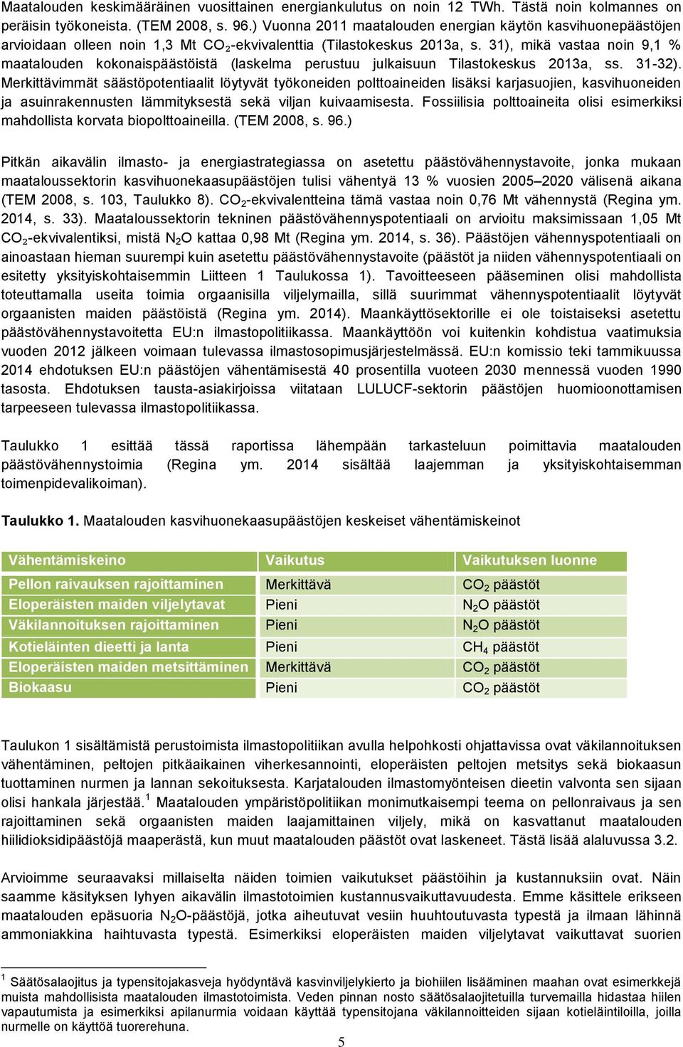31), mikä vastaa noin 9,1 % maatalouden kokonaispäästöistä (laskelma perustuu julkaisuun Tilastokeskus 2013a, ss. 31-32).