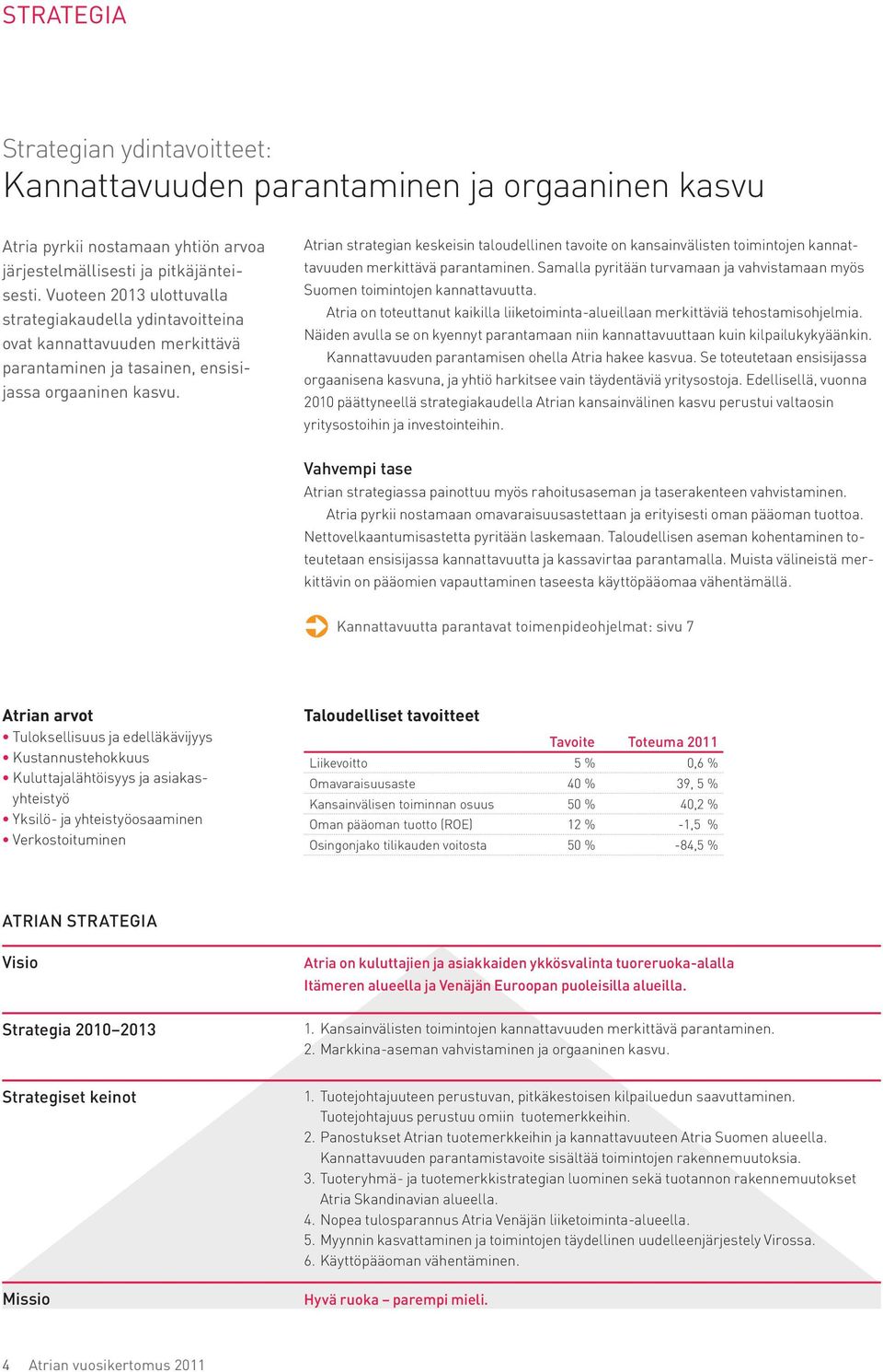 Atrian strategian keskeisin taloudellinen tavoite on kansainvälisten toimintojen kannattavuuden merkittävä parantaminen.