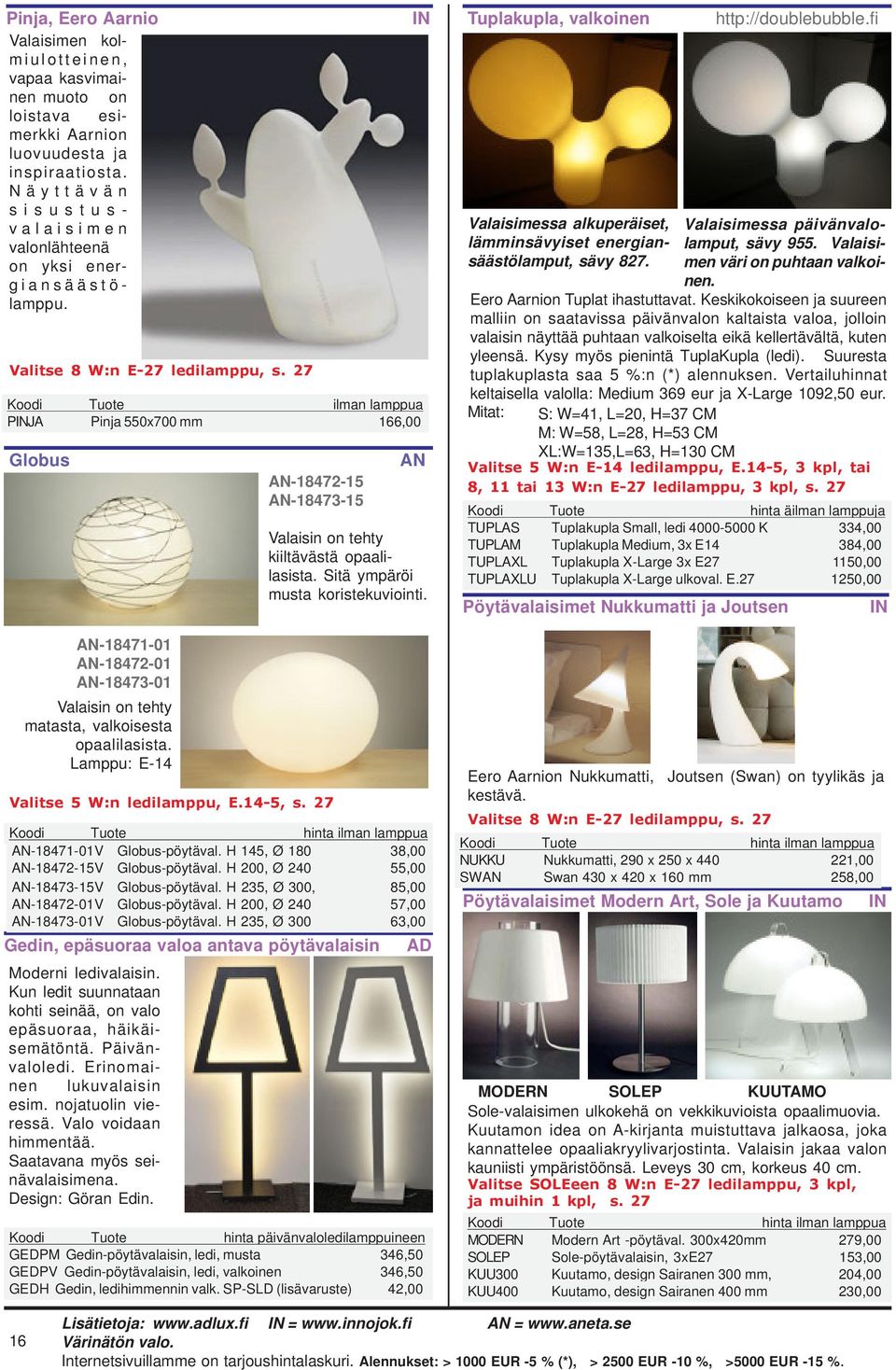 27 Koodi Tuote ilman lamppua PJA Pinja 550x700 mm 166,00 Globus AN-18471-01 AN-18472-01 AN-18473-01 Valaisin on tehty matasta, valkoisesta opaalilasista.