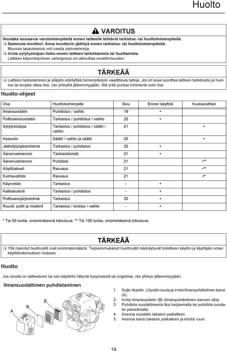 Laitteen käynnistyminen vahingossa voi aiheuttaa onnettomuuden. TÄRKEÄÄ Laitteen tarkistaminen ja ylläpito edellyttää toimenpiteisiin vaadittavia taitoja.