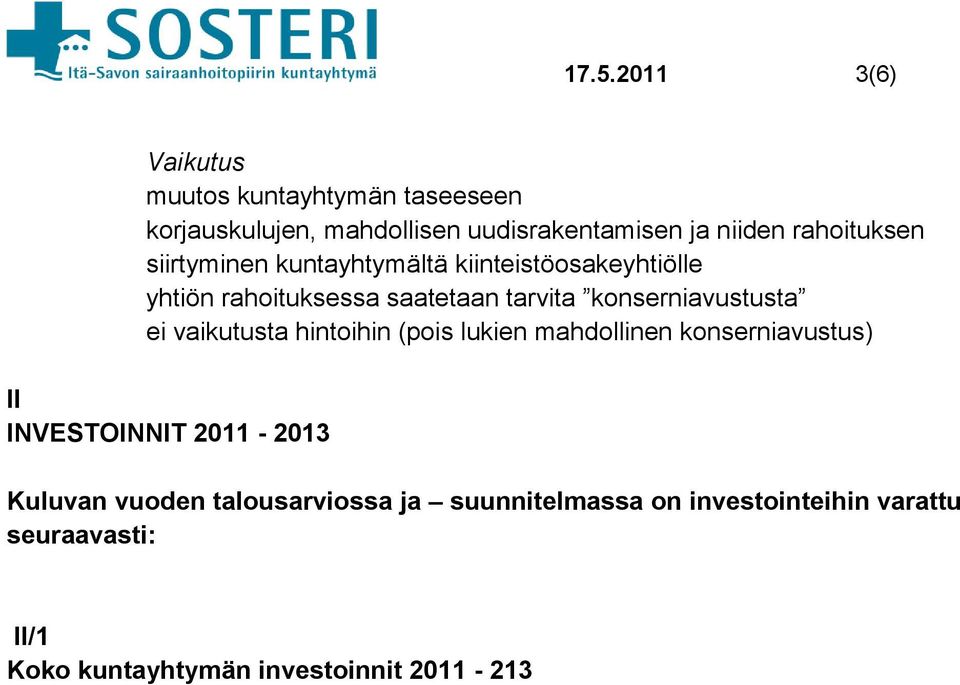 konserniavustusta ei vaikutusta hintoihin (pois lukien mahdollinen konserniavustus) II INVESTOINNIT 2011-2013