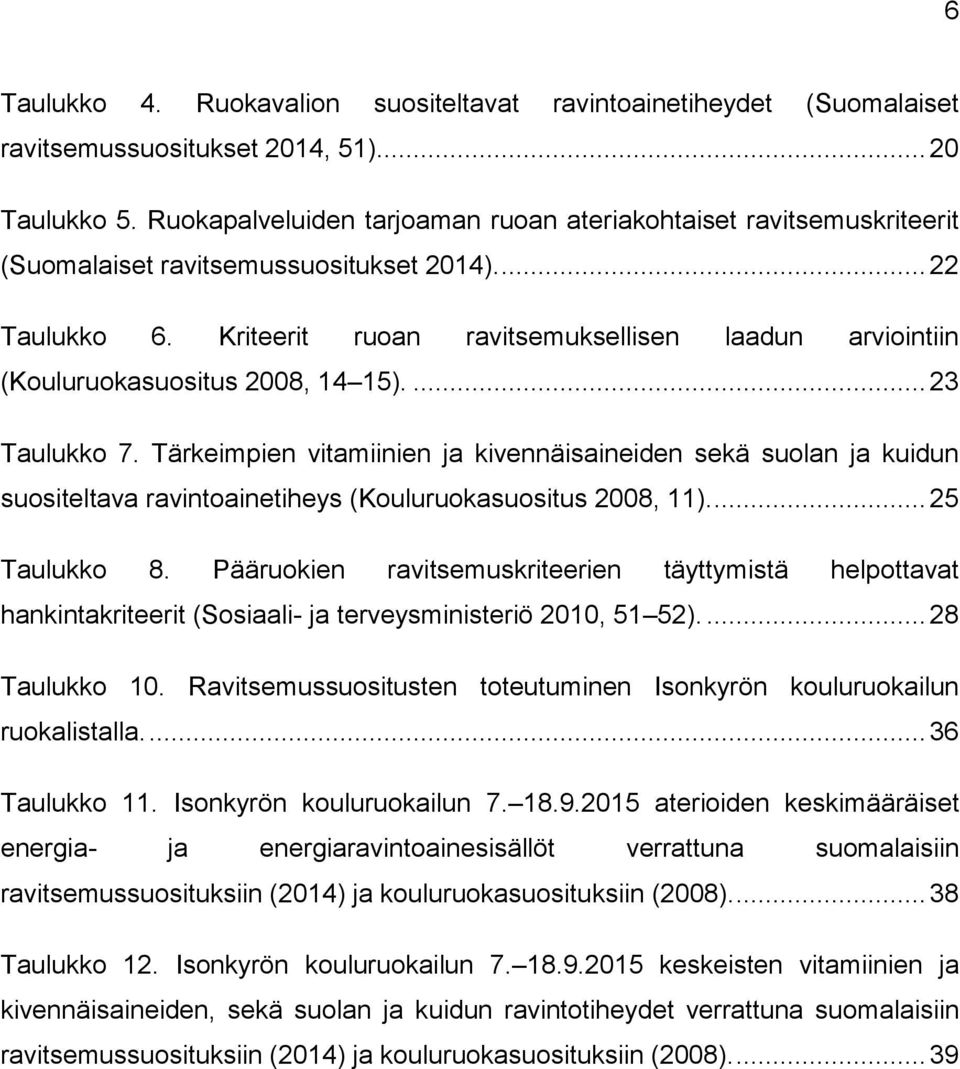 Kriteerit ruoan ravitsemuksellisen laadun arviointiin (Kouluruokasuositus 2008, 14 15).... 23 Taulukko 7.