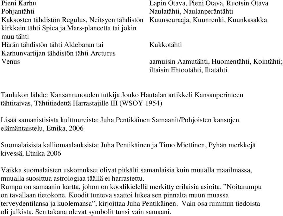 Iltatähti Taulukon lähde: Kansanrunouden tutkija Jouko Hautalan artikkeli Kansanperinteen tähtitaivas, Tähtitiedettä Harrastajille III (WSOY 1954) Lisää samanistisista kulttuureista: Juha Pentikäinen