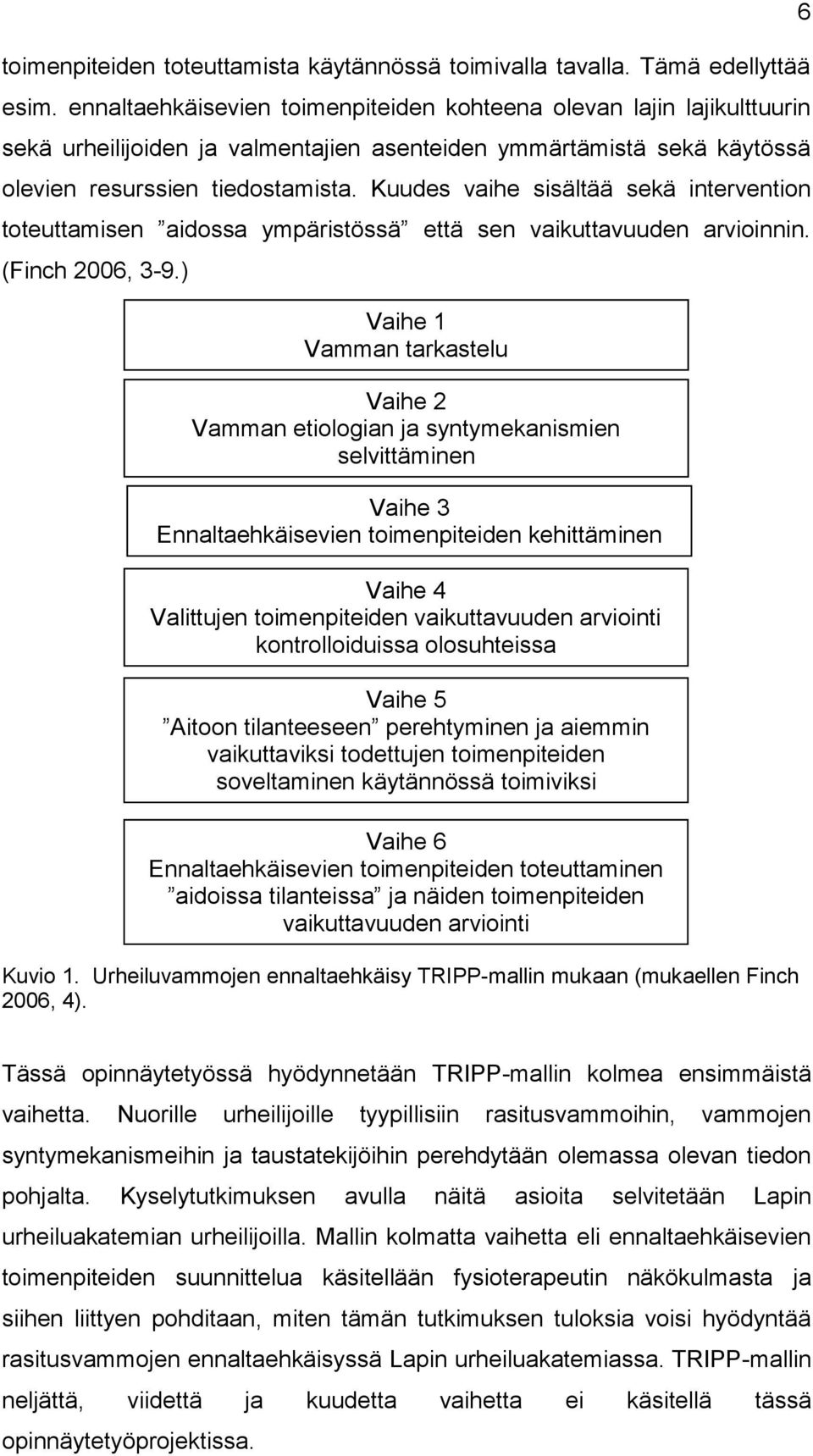 Kuudes vaihe sisältää sekä intervention toteuttamisen aidossa ympäristössä että sen vaikuttavuuden arvioinnin. (Finch 2006, 3-9.