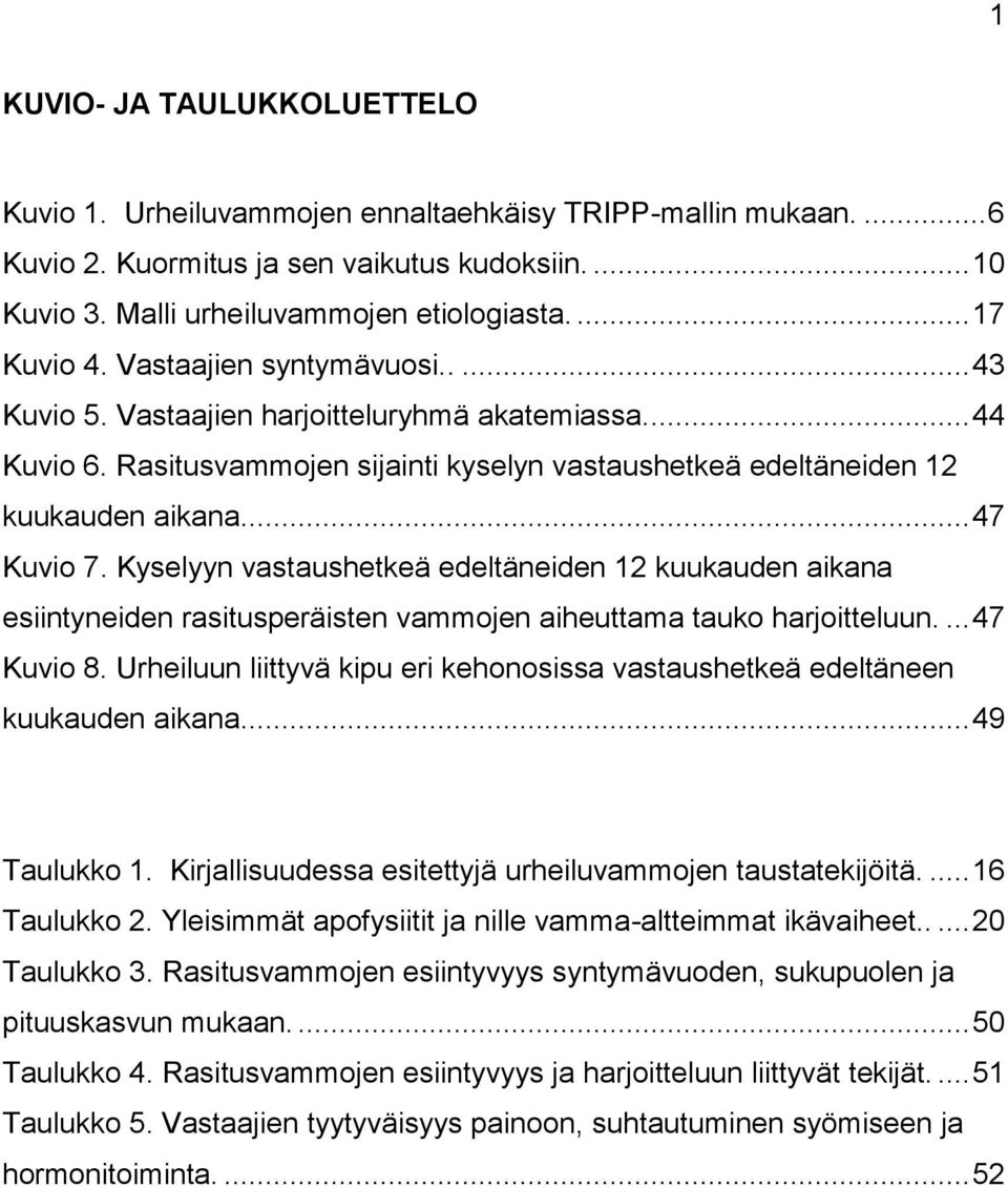 ... 47 Kuvio 7. Kyselyyn vastaushetkeä edeltäneiden 12 kuukauden aikana esiintyneiden rasitusperäisten vammojen aiheuttama tauko harjoitteluun.... 47 Kuvio 8.