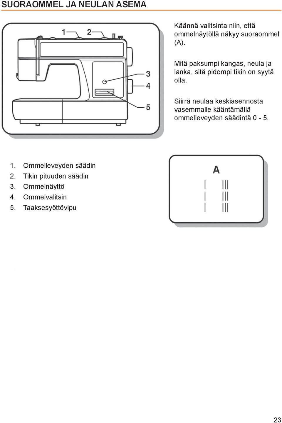 Siirrä neulaa keskiasennosta vasemmalle kääntämällä ommelleveyden säädintä 0-5. 1.