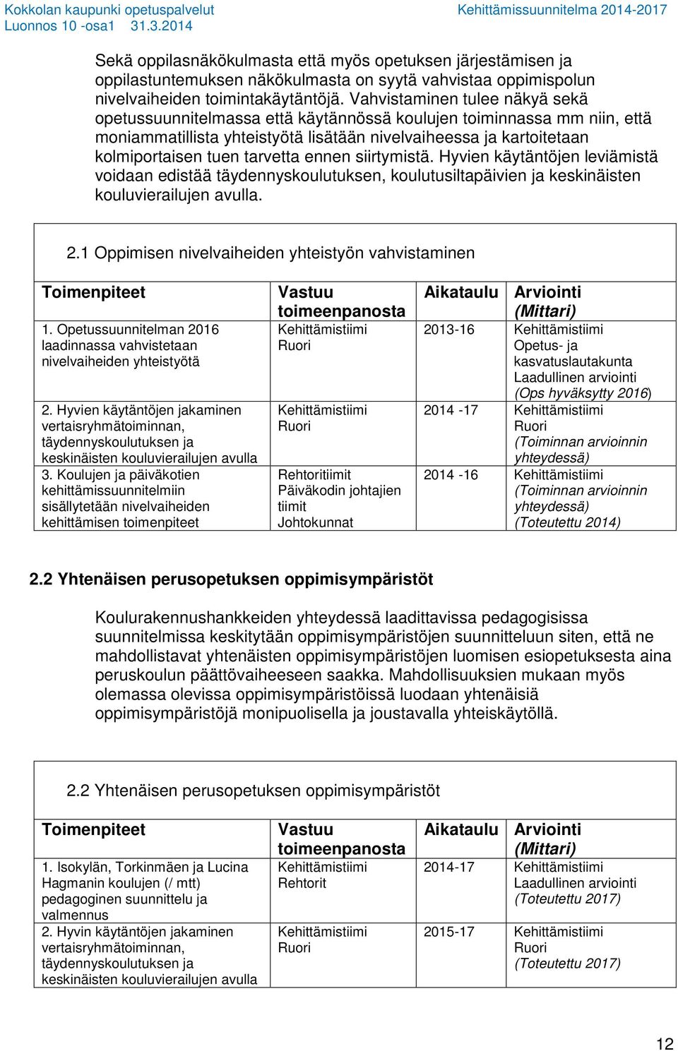 tarvetta ennen siirtymistä. Hyvien käytäntöjen leviämistä voidaan edistää täydennyskoulutuksen, koulutusiltapäivien ja keskinäisten kouluvierailujen avulla. 2.