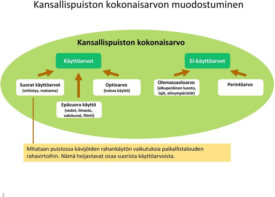 lajit, elinympäristöt) Perintöarvo Epäsuora käyttö (vedet, ilmasto, valokuvat, filmit) Mitataan puistossa