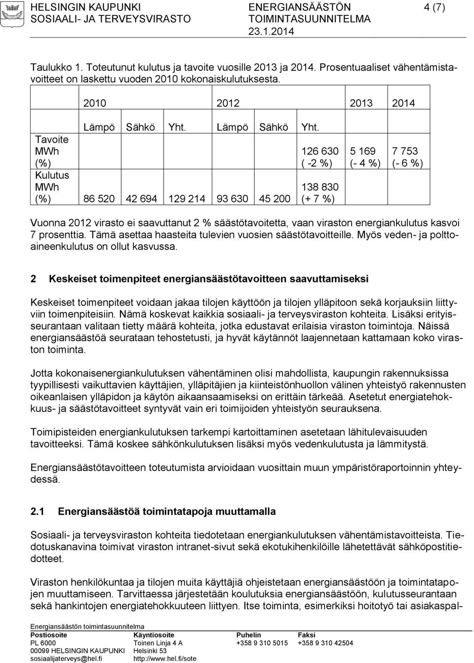 Tavoite MWh (%) Kulutus MWh (%) 86 520 42 694 129 214 93 630 45 200 126 630 ( -2 %) 138 830 (+ 7 %) 5 169 (- 4 %) 7 753 (- 6 %) Vuonna 2012 virasto ei saavuttanut 2 % säästötavoitetta, vaan viraston