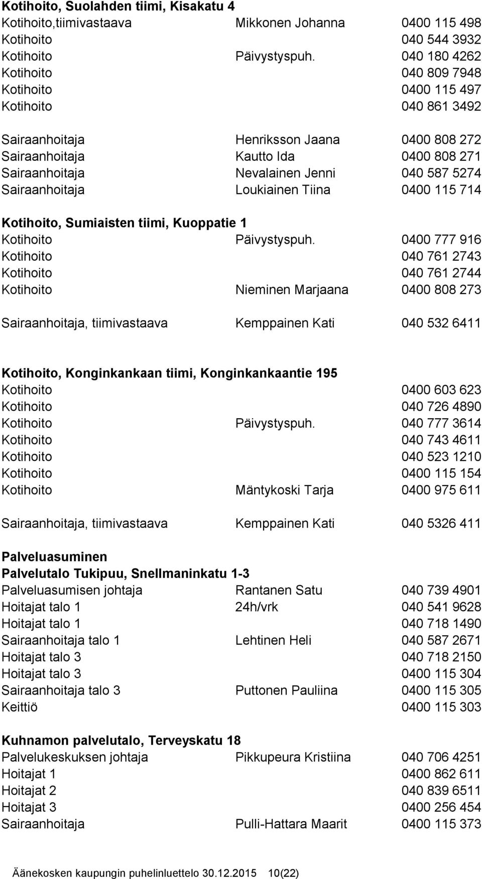 040 587 5274 Sairaanhoitaja Loukiainen Tiina 0400 115 714 Kotihoito, Sumiaisten tiimi, Kuoppatie 1 Kotihoito Päivystyspuh.