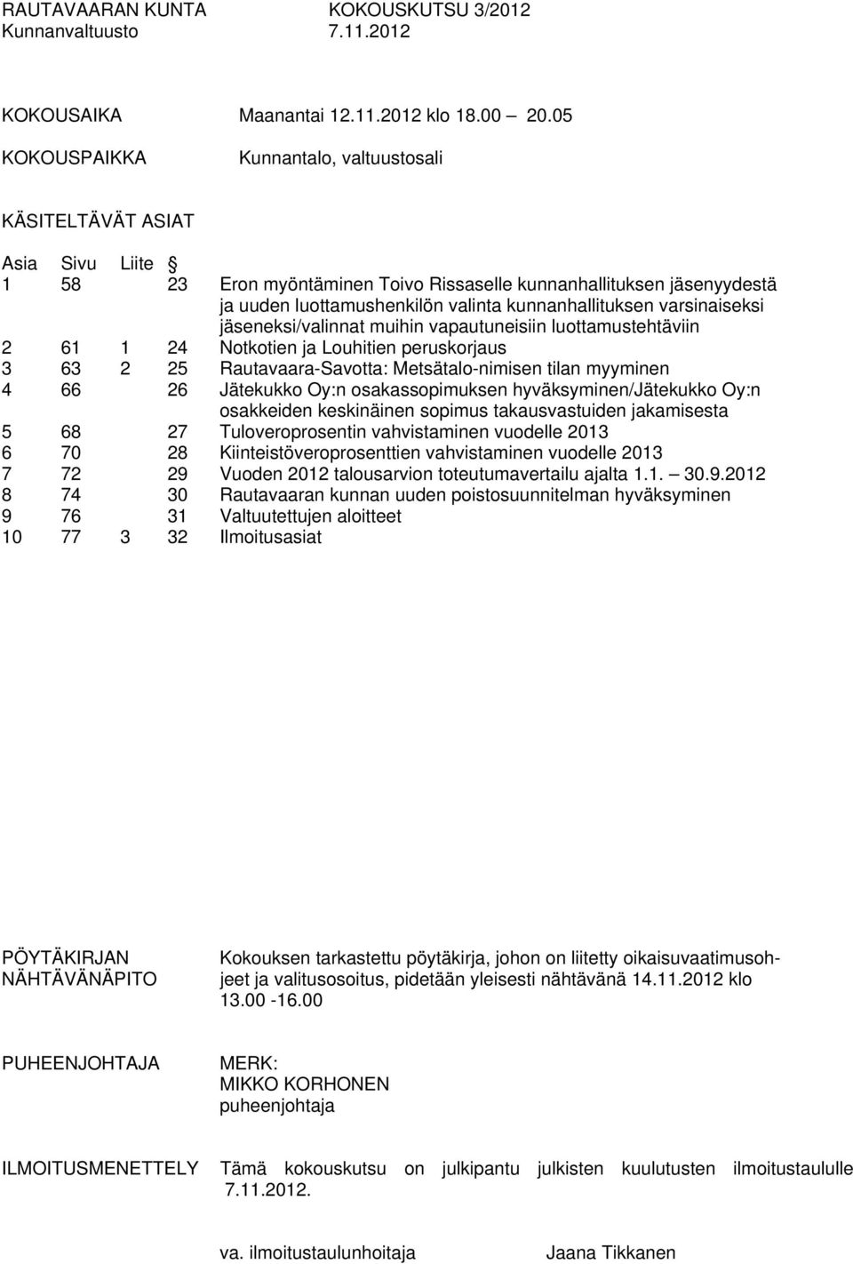 kunnanhallituksen varsinaiseksi jäseneksi/valinnat muihin vapautuneisiin luottamustehtäviin 2 61 1 24 Notkotien ja Louhitien peruskorjaus 3 63 2 25 Rautavaara-Savotta: Metsätalo-nimisen tilan