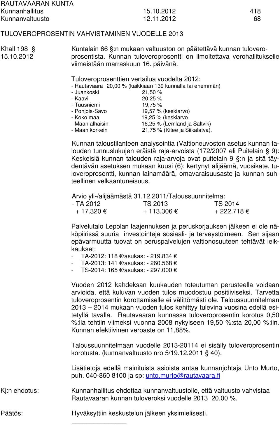 Tuloveroprosenttien vertailua vuodelta 2012: - Rautavaara 20,00 % (kaikkiaan 139 kunnalla tai enemmän) - Juankoski 21,50 % - Kaavi 20,25 % - Tuusniemi 19,75 % - Pohjois-Savo 19,57 % (keskiarvo) -