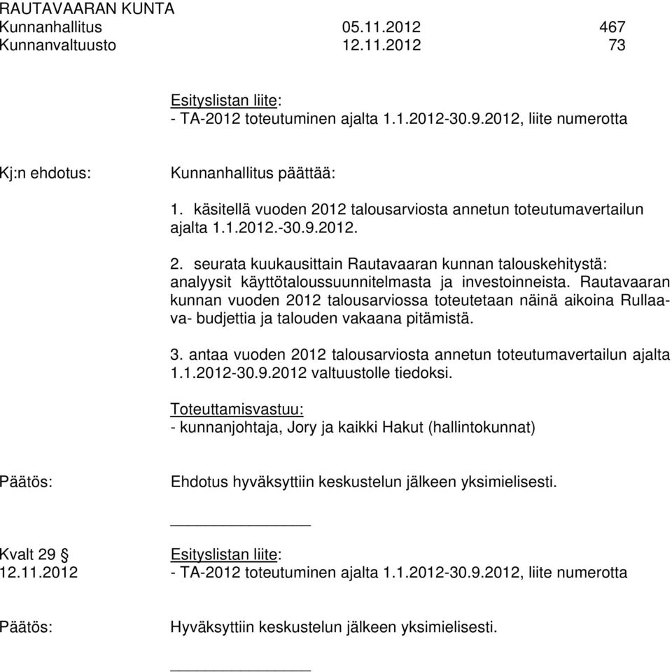 Rautavaaran kunnan vuoden 2012 talousarviossa toteutetaan näinä aikoina Rullaava- budjettia ja talouden vakaana pitämistä. 3. antaa vuoden 2012 talousarviosta annetun toteutumavertailun ajalta 1.1.2012-30.