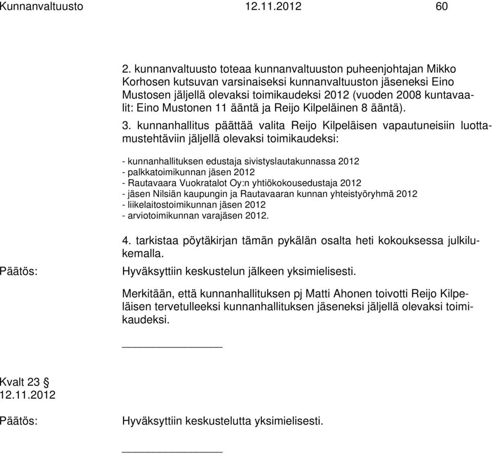 Eino Mustonen 11 ääntä ja Reijo Kilpeläinen 8 ääntä). 3.