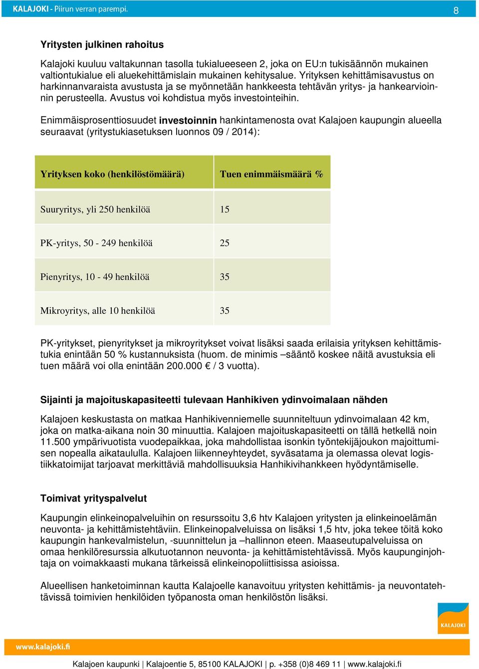 Enimmäisprosenttiosuudet investoinnin hankintamenosta ovat Kalajoen kaupungin alueella seuraavat (yritystukiasetuksen luonnos 09 / 2014): Yrityksen koko (henkilöstömäärä) Tuen enimmäismäärä %