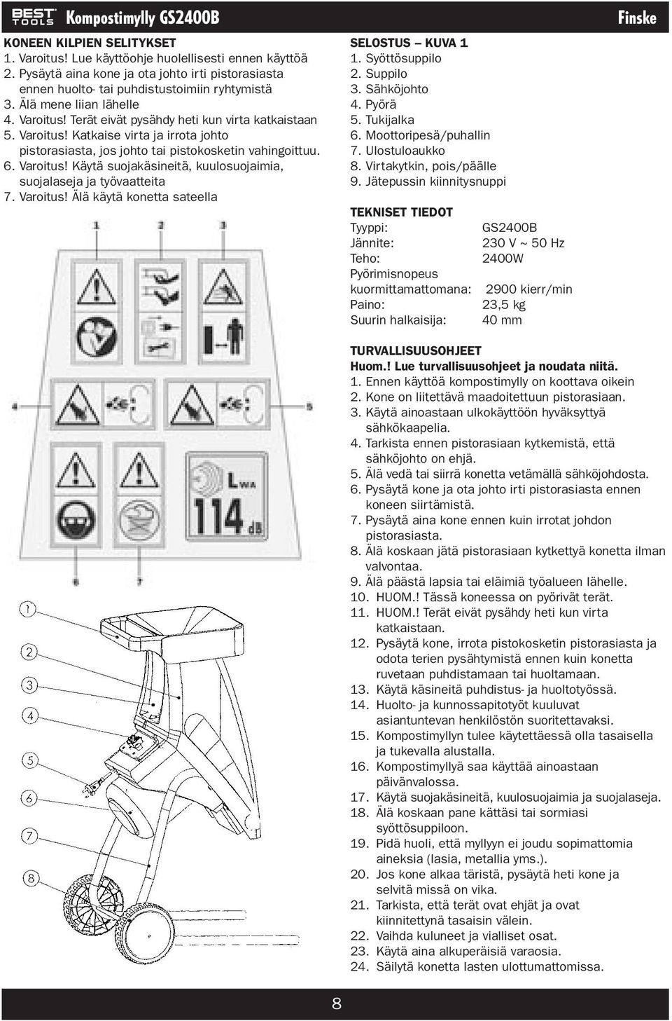 Terät eivät pysähdy heti kun virta katkaistaan 5. Varoitus! Katkaise virta ja irrota johto pistorasiasta, jos johto tai pistokosketin vahingoittuu. 6. Varoitus! Käytä suojakäsineitä, kuulosuojaimia, suojalaseja ja työvaatteita 7.