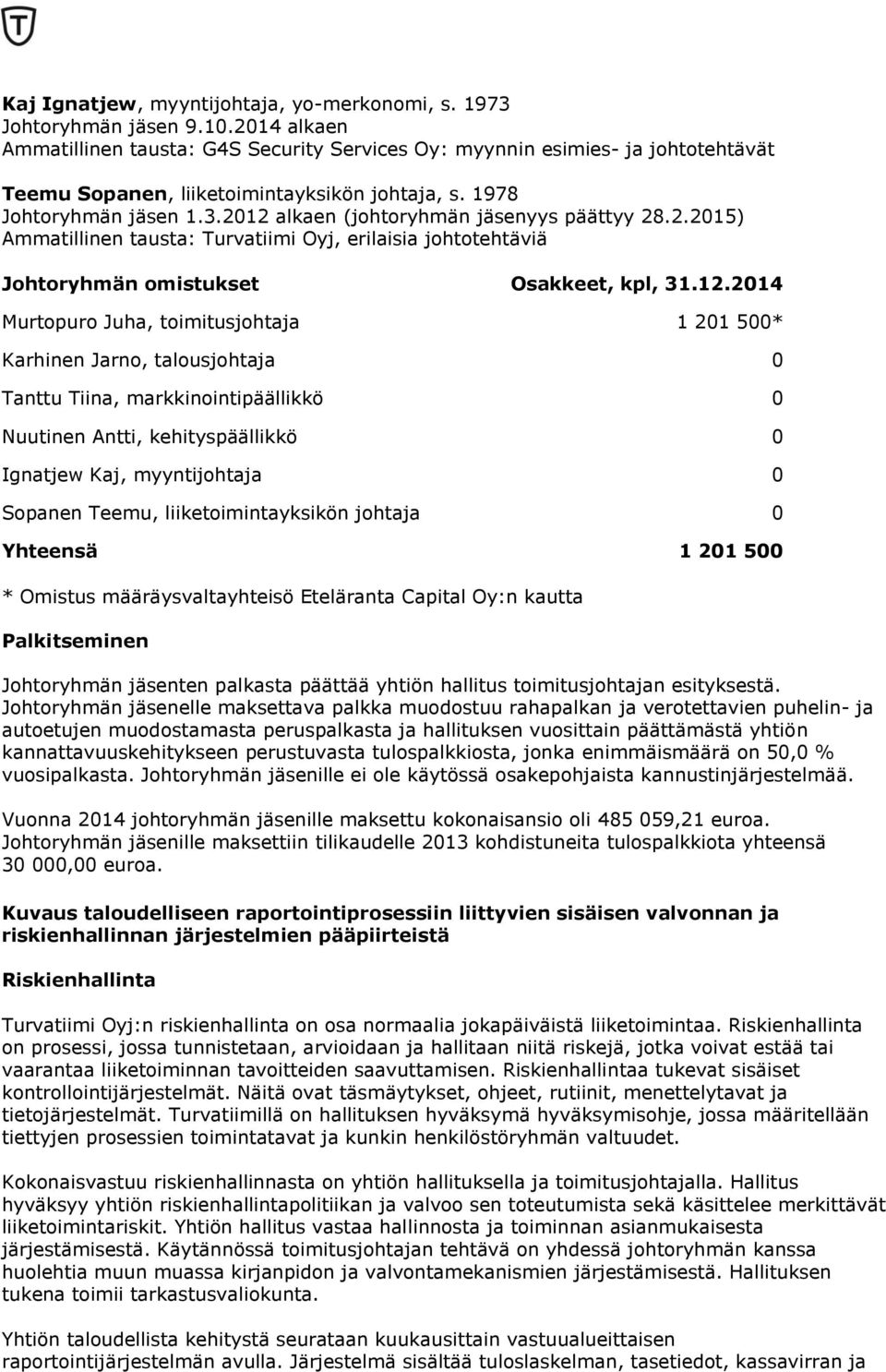 2012 alkaen (johtoryhmän jäsenyys päättyy 28.2.2015) Ammatillinen tausta: Turvatiimi Oyj, erilaisia johtotehtäviä Johtoryhmän omistukset Osakkeet, kpl, 31.12.2014 Murtopuro Juha, toimitusjohtaja 1