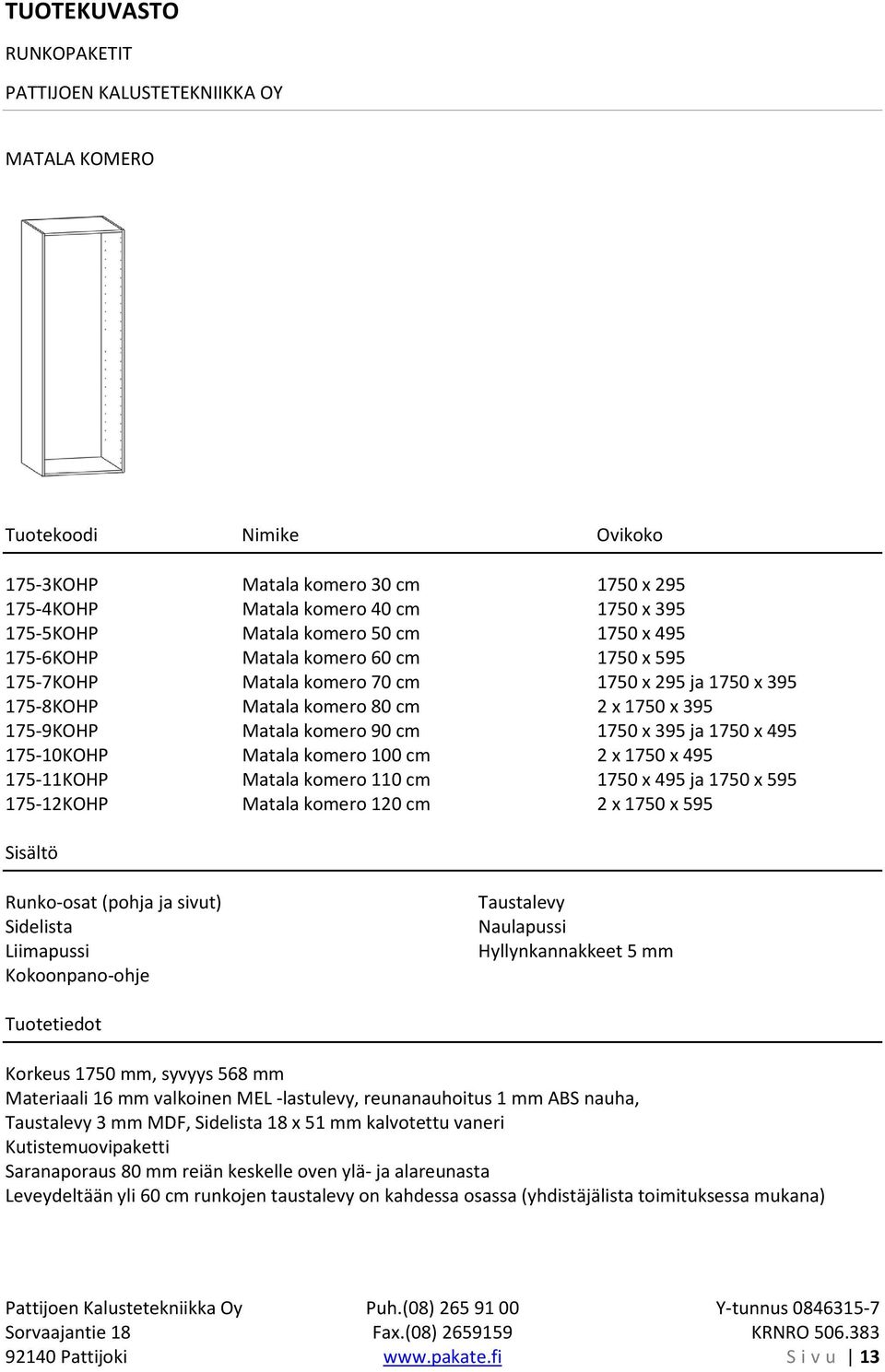 Matala komero 110 cm 1750 x 495 ja 1750 x 595 175-12KOHP Matala komero 120 cm 2 x 1750 x 595 Runko-osat (pohja ja sivut) Sidelista Hyllynkannakkeet 5 mm Korkeus 1750 mm, syvyys 568 mm Materiaali 16