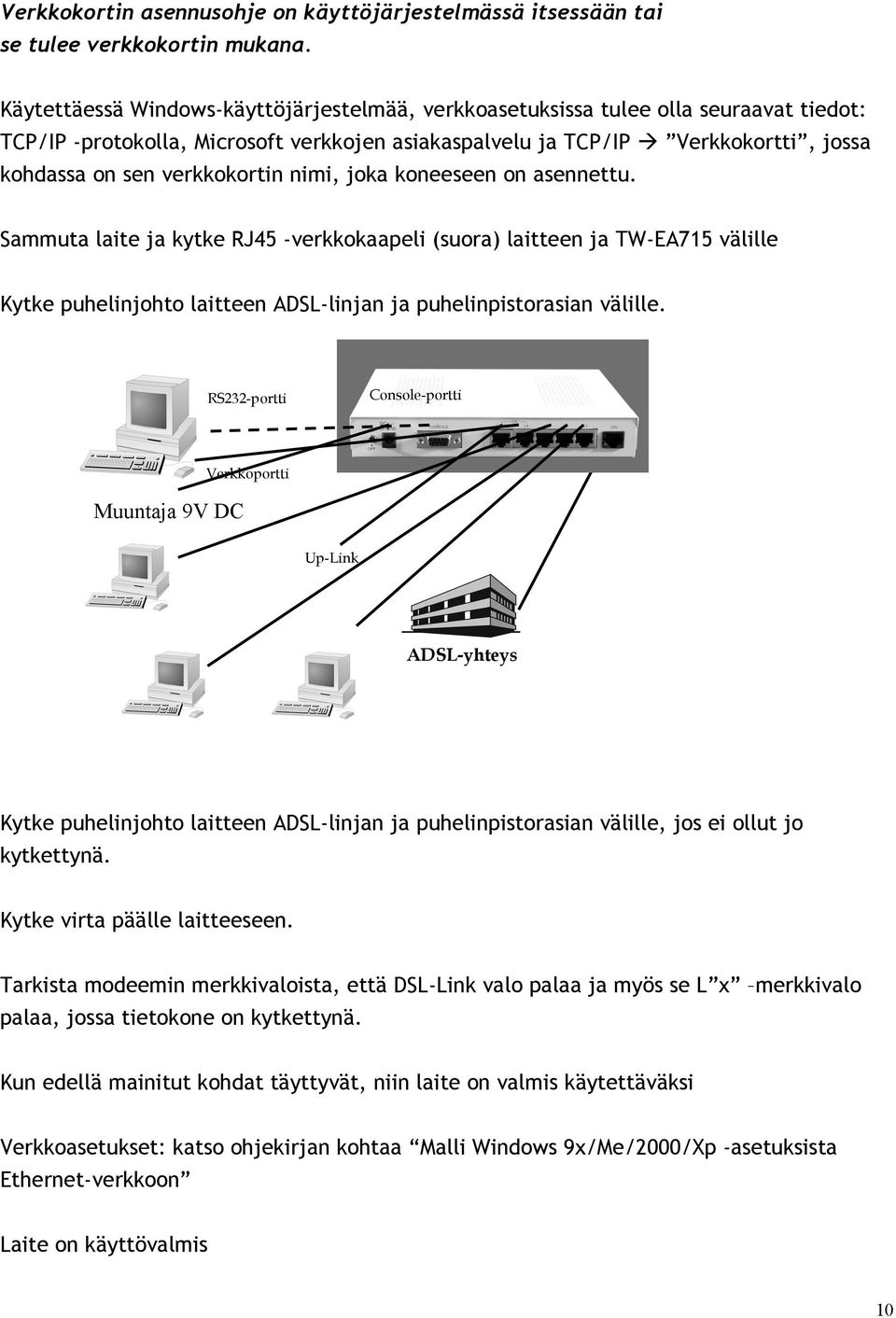 verkkokortin nimi, joka koneeseen on asennettu. Sammuta laite ja kytke RJ45 -verkkokaapeli (suora) laitteen ja TW-EA715 välille Kytke puhelinjohto laitteen ADSL-linjan ja puhelinpistorasian välille.