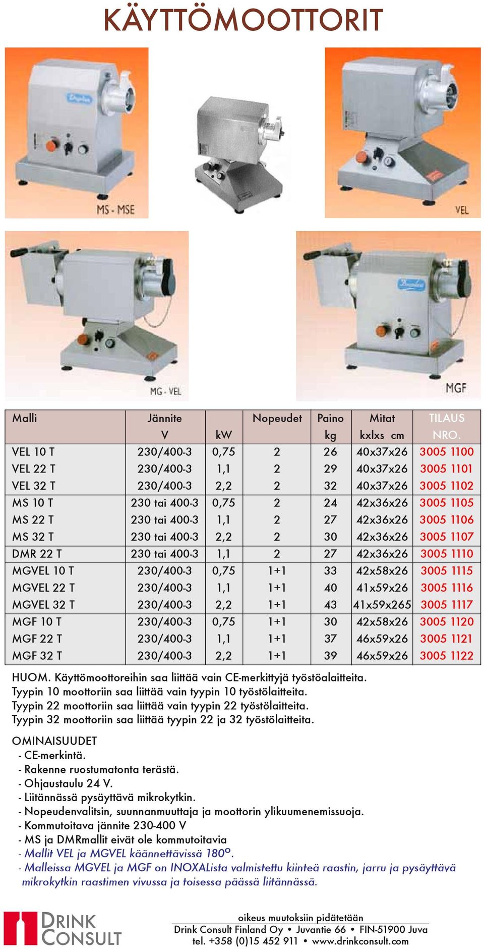 3005 1110 MGVEL 10 T 230/400-3 0,75 1+1 33 42x58x26 3005 1115 MGVEL 22 T 230/400-3 1,1 1+1 40 41x59x26 3005 1116 MGVEL 32 T 230/400-3 2,2 1+1 43 41x59x265 3005 1117 MGF 10 T 230/400-3 0,75 1+1 30