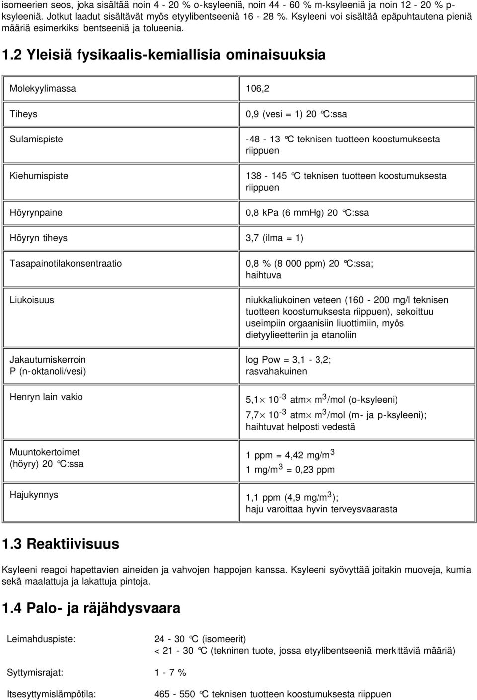 2 Yleisiä fysikaalis-kemiallisia ominaisuuksia Molekyylimassa 106,2 Tiheys Sulamispiste Kiehumispiste Höyrynpaine 0,9 (vesi = 1) 20 C:ssa -48-13 C teknisen tuotteen koostumuksesta riippuen 138-145 C