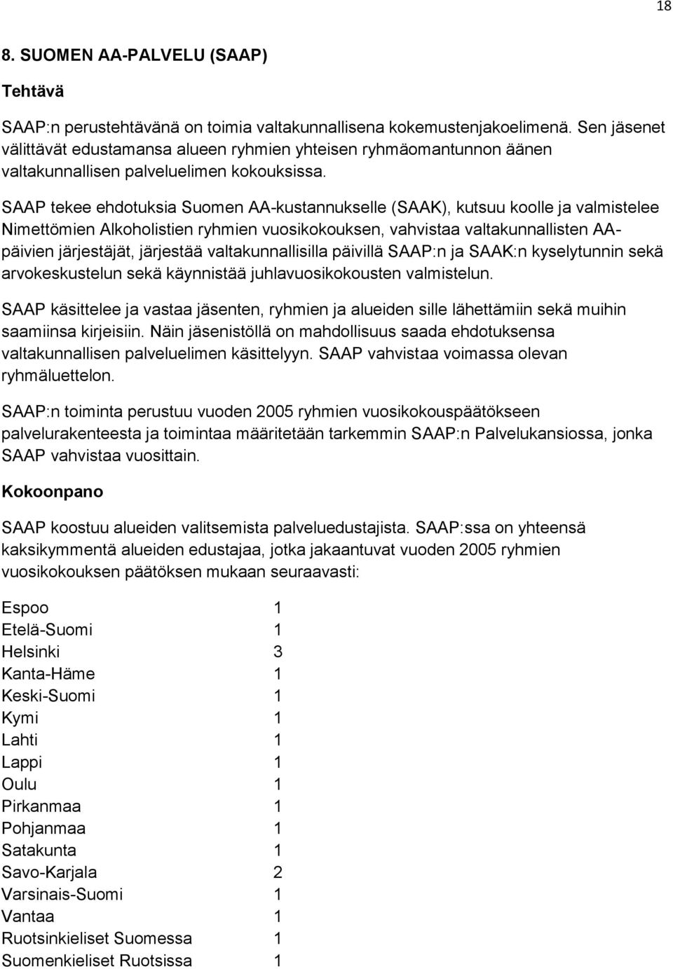 SAAP tekee ehdotuksia Suomen AA-kustannukselle (SAAK), kutsuu koolle ja valmistelee Nimettömien Alkoholistien ryhmien vuosikokouksen, vahvistaa valtakunnallisten AApäivien järjestäjät, järjestää