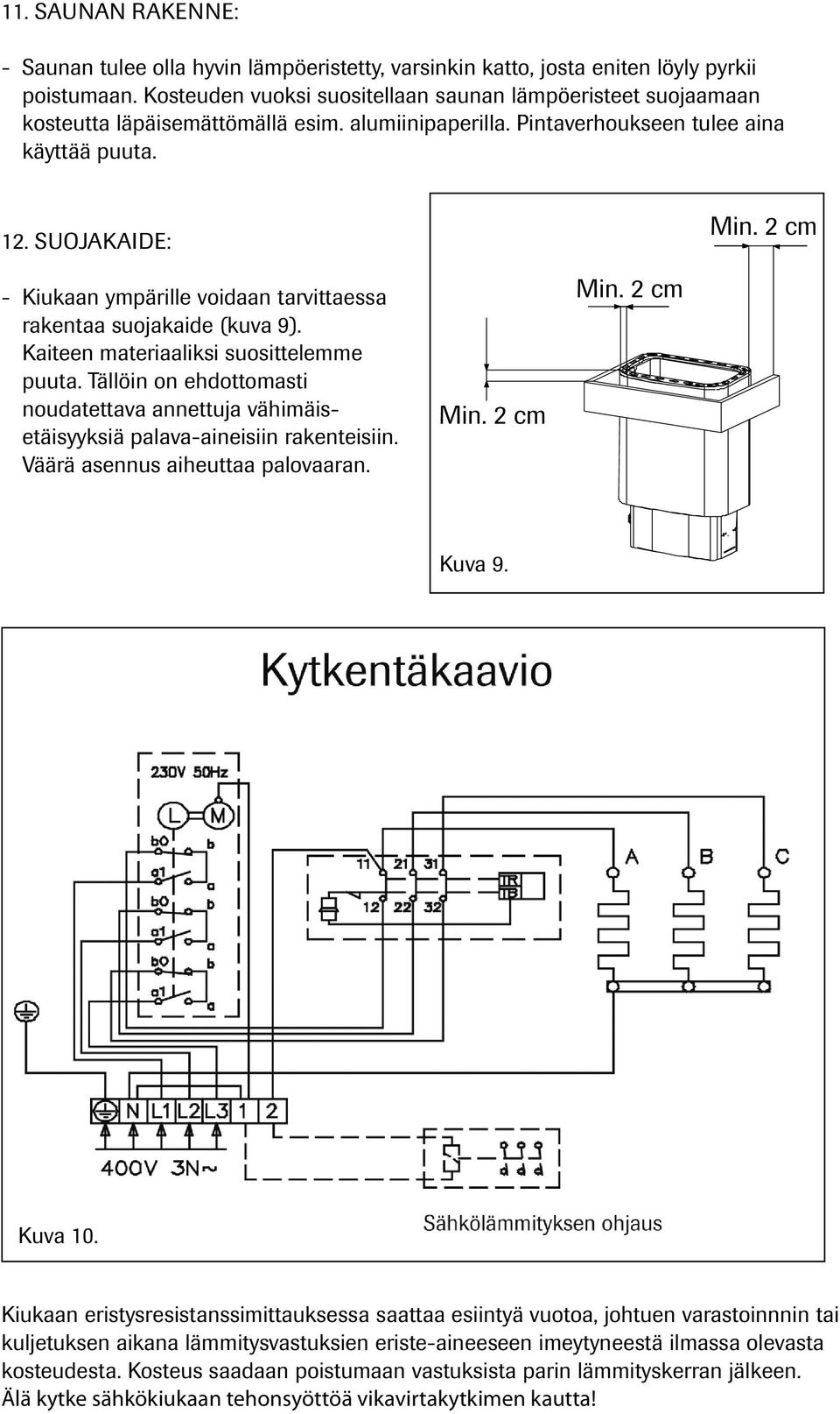 SUOJKIDE: - Kiukaan ympärille voidaan tarvittaessa rakentaa suojakaide (kuva 9). Kaiteen materiaaliksi suosittelemme puuta.