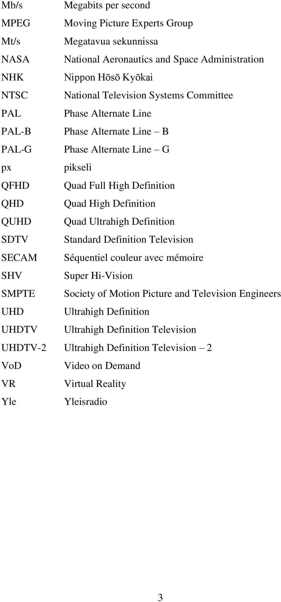 Definition QUHD Quad Ultrahigh Definition SDTV Standard Definition Television SECAM Séquentiel couleur avec mémoire SHV Super Hi-Vision SMPTE Society of Motion Picture and