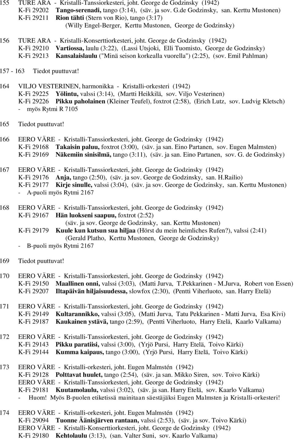 George de Godzinsky (1942) K-Fi 29210 Vartiossa, laulu (3:22), (Lassi Utsjoki, Elli Tuomisto, George de Godzinsky) K-Fi 29213 Kansalaislaulu ("Minä seison korkealla vuorella") (2:25), (sov.