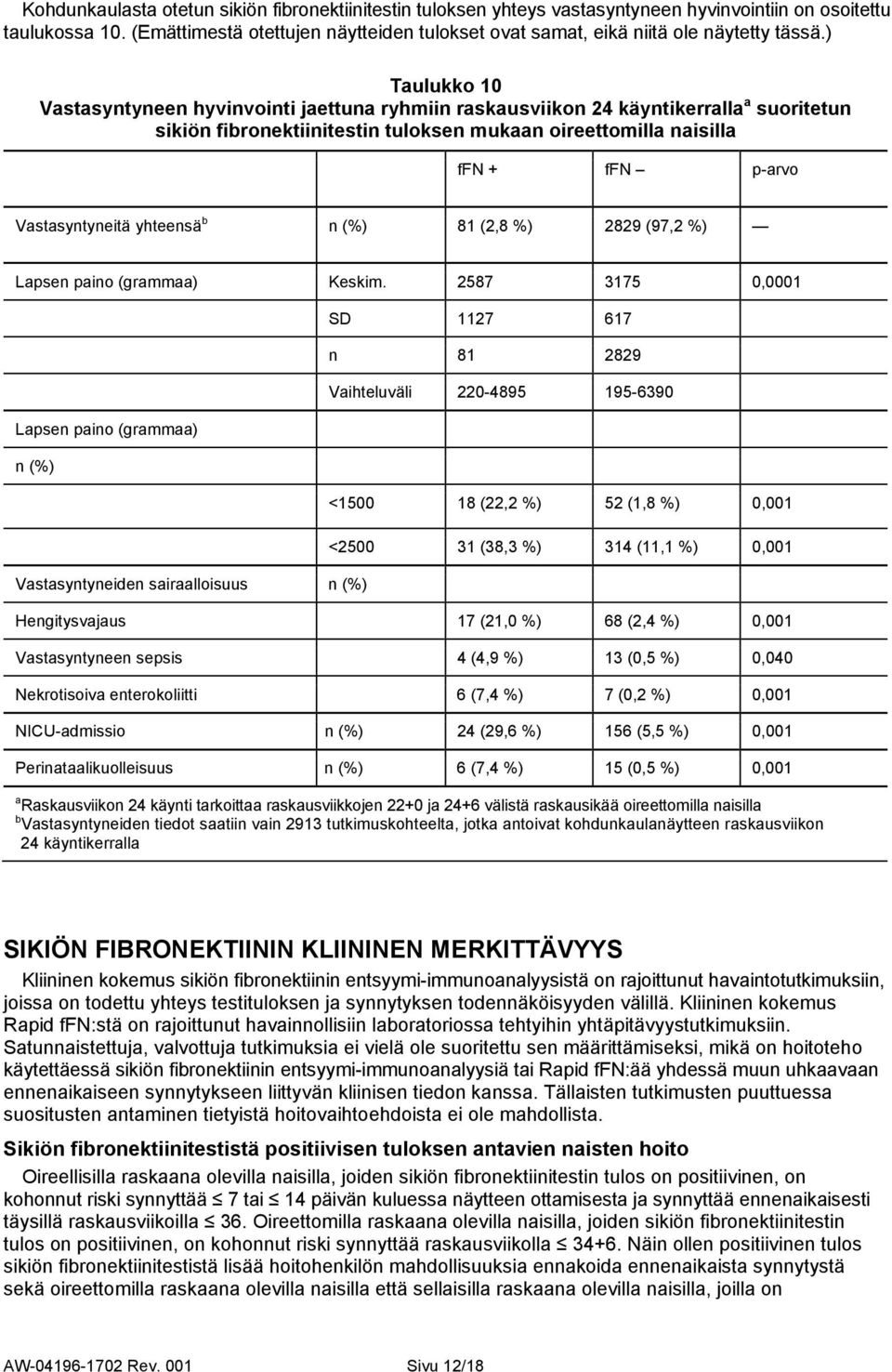 ) Taulukko 10 Vastasyntyneen hyvinvointi jaettuna ryhmiin raskausviikon 24 käyntikerralla a suoritetun sikiön fibronektiinitestin tuloksen mukaan oireettomilla naisilla ffn + ffn p-arvo