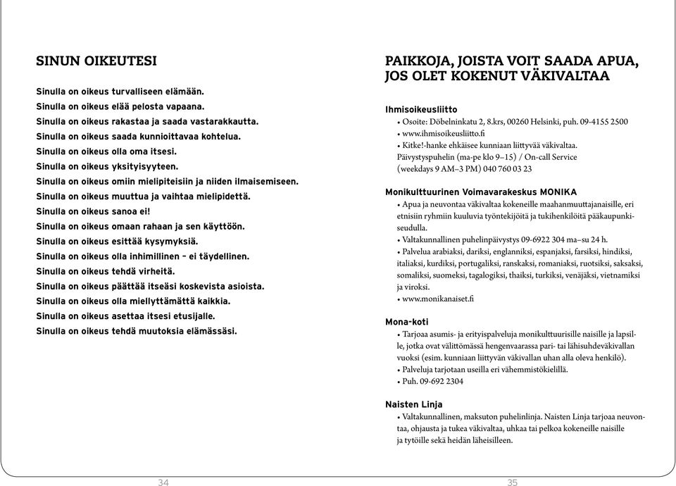 Sinulla on oikeus sanoa ei! Sinulla on oikeus omaan rahaan ja sen käyttöön. Sinulla on oikeus esittää kysymyksiä. Sinulla on oikeus olla inhimillinen ei täydellinen. Sinulla on oikeus tehdä virheitä.