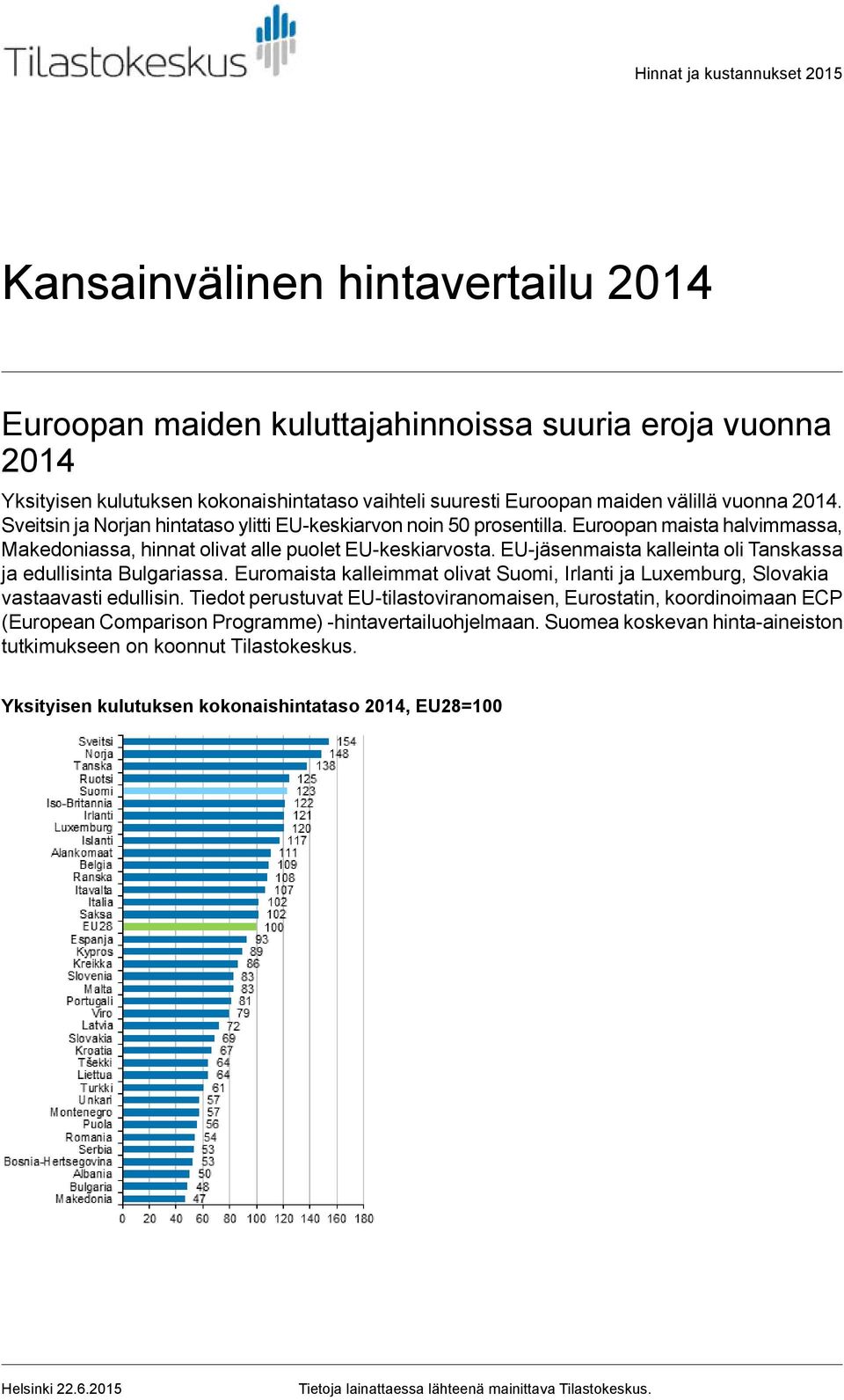 EU-jäsenmaista kalleinta oli Tanskassa ja edullisinta Bulgariassa. Euromaista kalleimmat olivat Suomi, Irlanti ja Luxemburg, Slovakia vastaavasti edullisin.