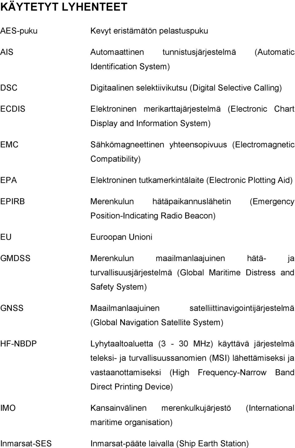 (Electronic Plotting Aid) EPIRB Merenkulun hätäpaikannuslähetin (Emergency Position-Indicating Radio Beacon) EU Euroopan Unioni GMDSS Merenkulun maailmanlaajuinen hätä- ja turvallisuusjärjestelmä