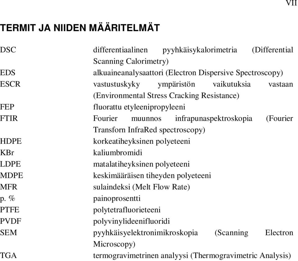 InfraRed spectroscopy) HDPE korkeatiheyksinen polyeteeni KBr kaliumbromidi LDPE matalatiheyksinen polyeteeni MDPE keskimääräisen tiheyden polyeteeni MFR sulaindeksi (Melt Flow Rate) p.