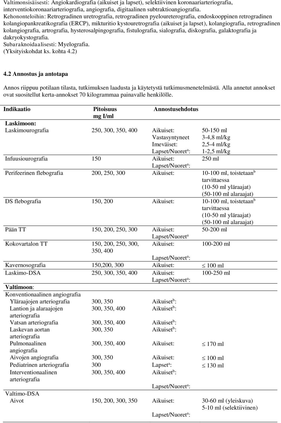 kolangiografia, retrogradinen kolangiografia, artrografia, hysterosalpingografia, fistulografia, sialografia, diskografia, galaktografia ja dakryokystografia. Subaraknoidaalisesti: Myelografia.