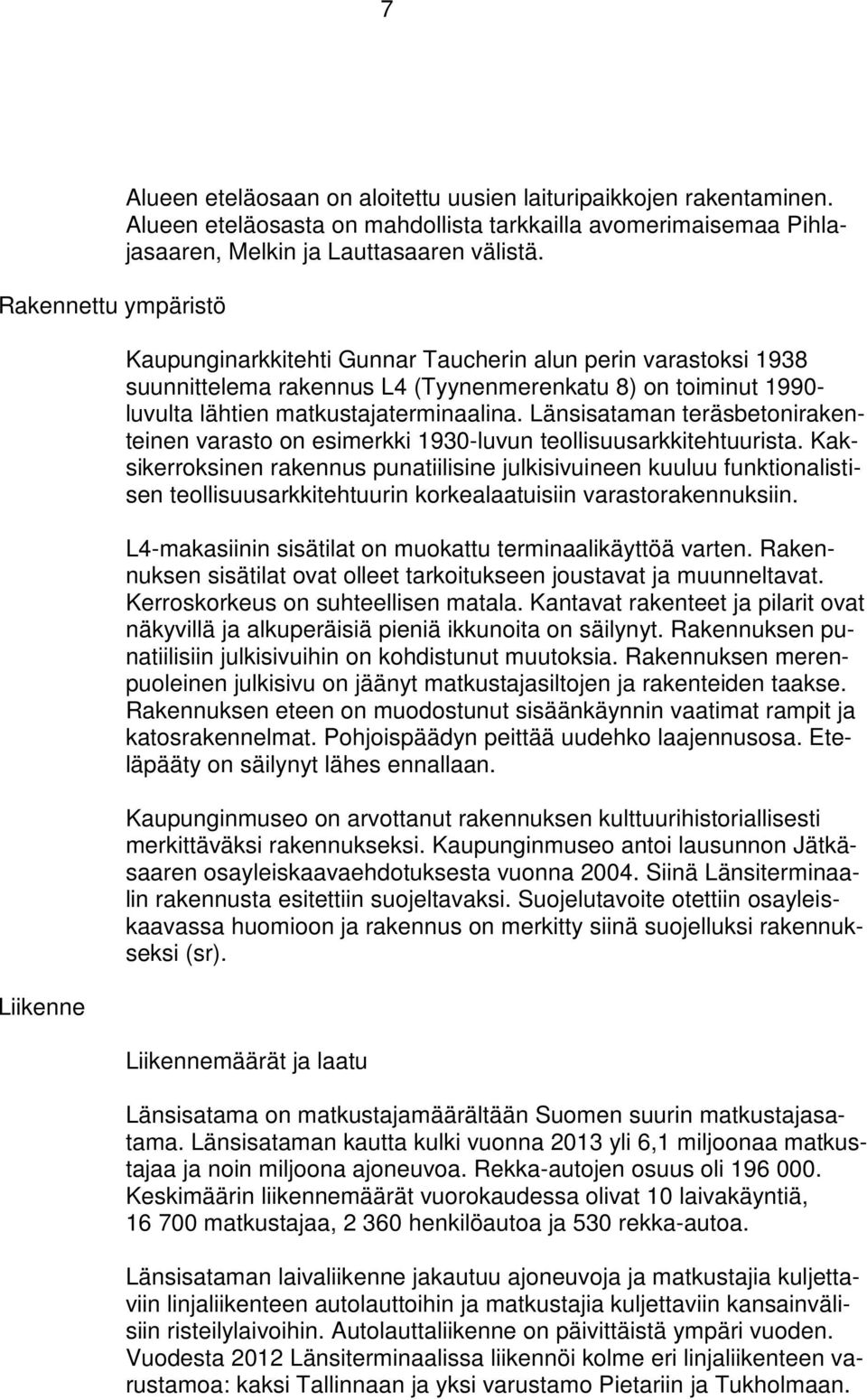 Kaupunginarkkitehti Gunnar Taucherin alun perin varastoksi 1938 suunnittelema rakennus L4 (Tyynenmerenkatu 8) on toiminut 1990- luvulta lähtien matkustajaterminaalina.