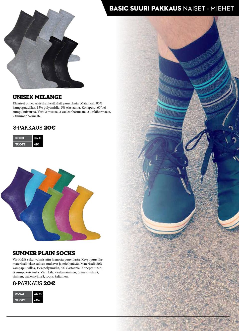 8-pakkaus 20 koko 36-40 tuote 610 Summer Plain socks Värikkäät sukat valmistettu hienosta puuvillasta.