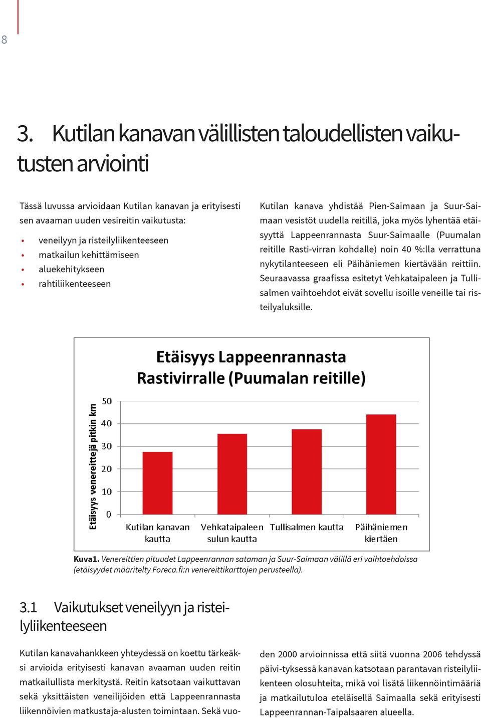 Lappeenrannasta Suur-Saimaalle (Puumalan reitille Rasti-virran kohdalle) noin 40 %:lla verrattuna nykytilanteeseen eli Päihäniemen kiertävään reittiin.