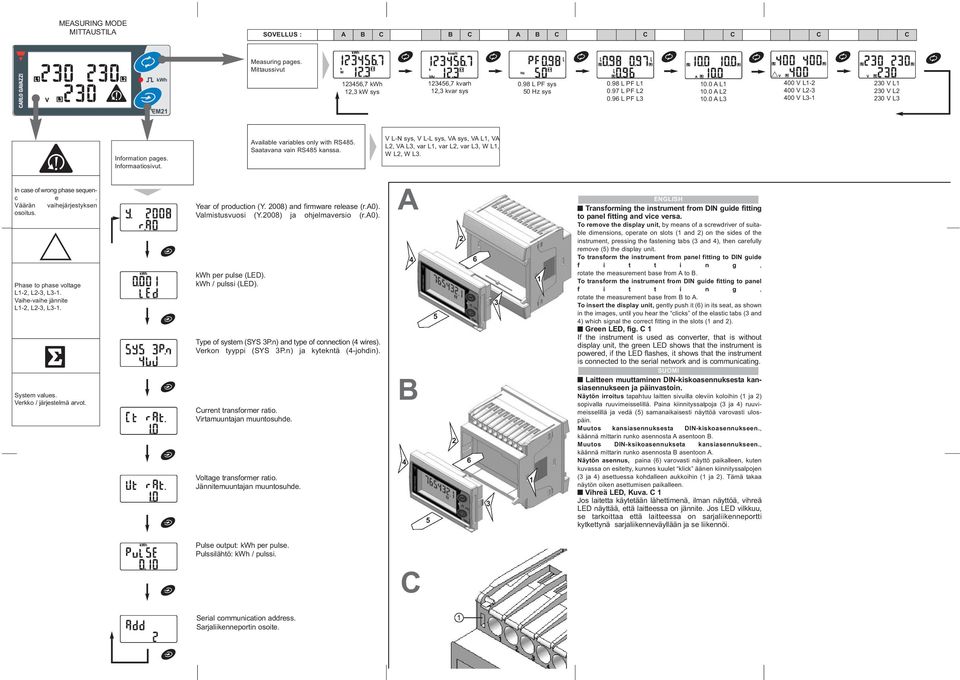 V L-N sys, V L-L sys, VA sys, VA L, VA L, VA L, var L, var L, var L, W L, W L, W L. In case of wrong phase sequenc e. Väärän vaihejärjestyksen osoitus. Phase to phase voltage L-, L-, L-.